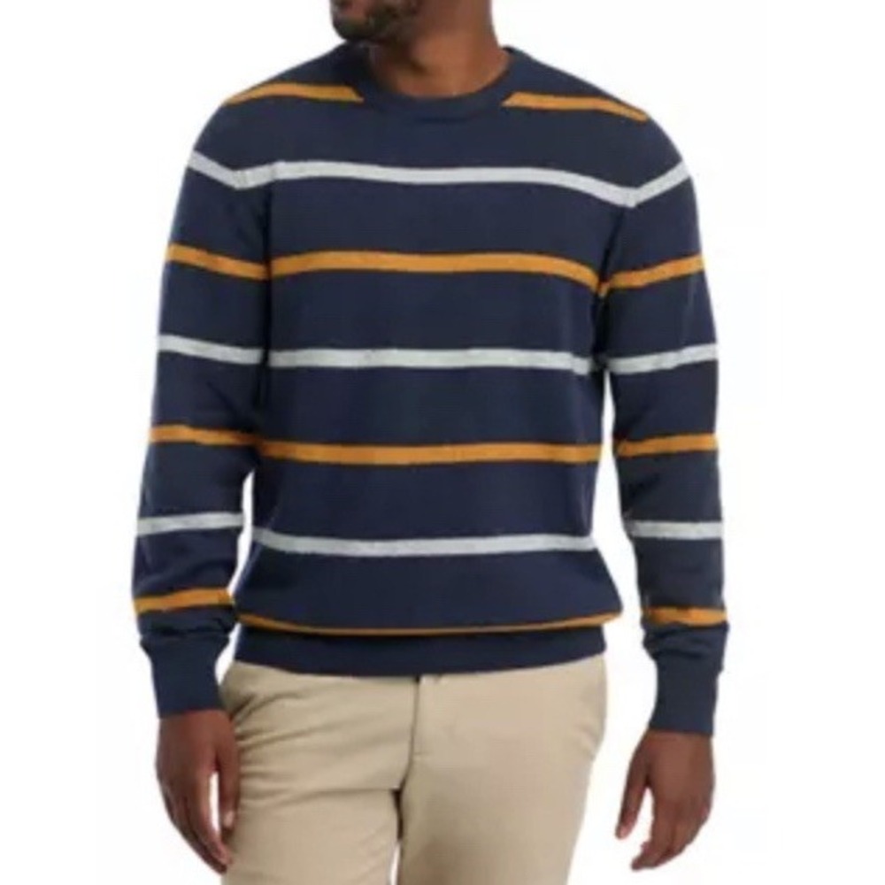 NWT IZOD MENS CASUAL SWEATER CREW NECK STRIPED Navy Blue Gold Gray SMALL